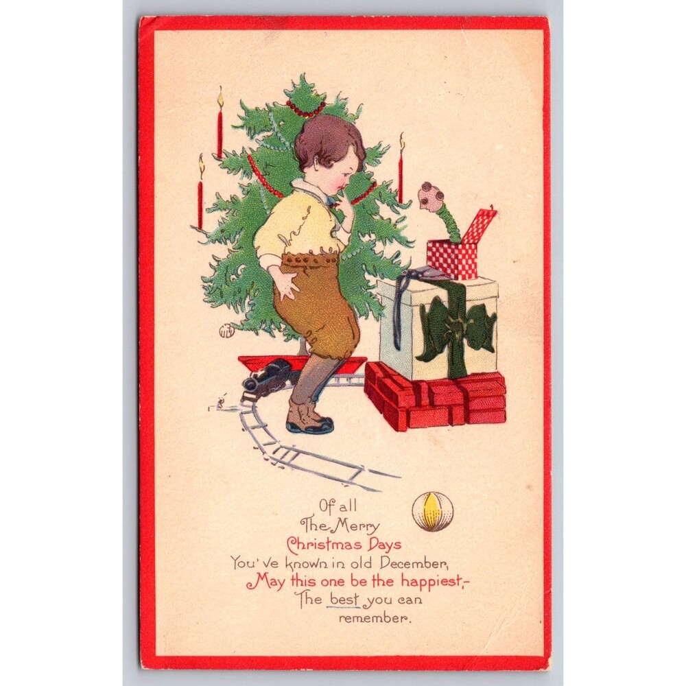 Vintage Christmas Postcard Boy Train Jack-in-the-Box Christmas Tree Series 726 E